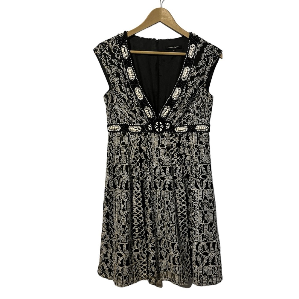2000s Nanette Lepore Beaded Embroidered Black & White Formal Mini Dress